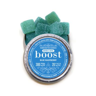 Boost – THC Blue Raspberry Gummies (300mg THC per Tin)